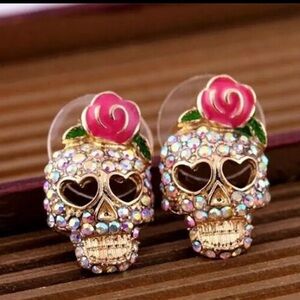 Iridescent Crystal Sugar Skull Stud Earrings with Red Rose Detail,Gothic,